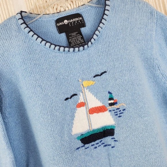 Sag Harbor Nautical Crew Neck Sky Blue Knit Embroidered Sweater, Size XS - Picture 5 of 6